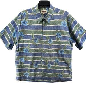 CAMPIA MODA Shirt Mens Sz L HAWAIIAN ALOHA Flowers‎ Stripe Blue Green Cotton